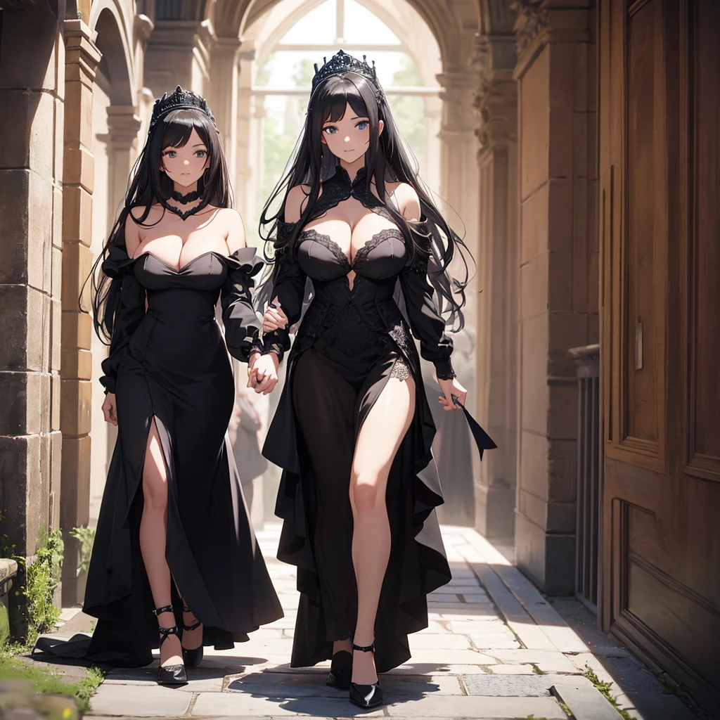 undefined, hot princess walking down the aisle in a black dress , she has very .glued castle corridor 
