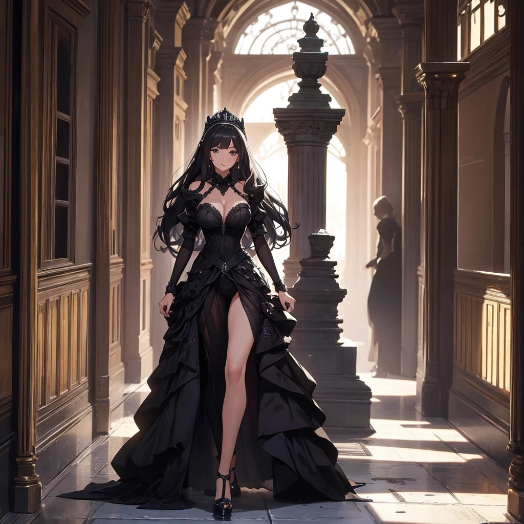 undefined, hot princess walking down the aisle in a black dress , she has very big breasts.glued castle corridor 