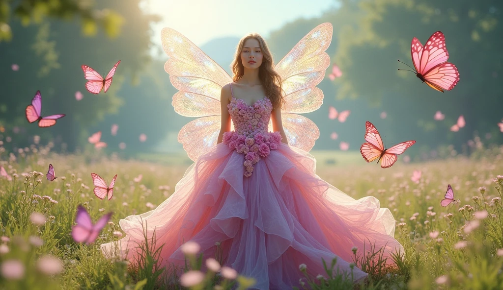 Wearing a pink dress made of flowers and sparkling wings. She stands in a field surrounded by butterflies..
