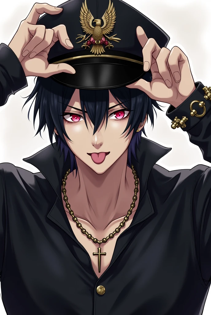 Male character black hair black shirt with long sleeves with a cross shaped chain cross shaped earrings on his ears black sailor hat that has an eagle on the front with and is sticking out his tongue Omega red eyes with spiked bracelets that is holding his hat while he has it on his head 
