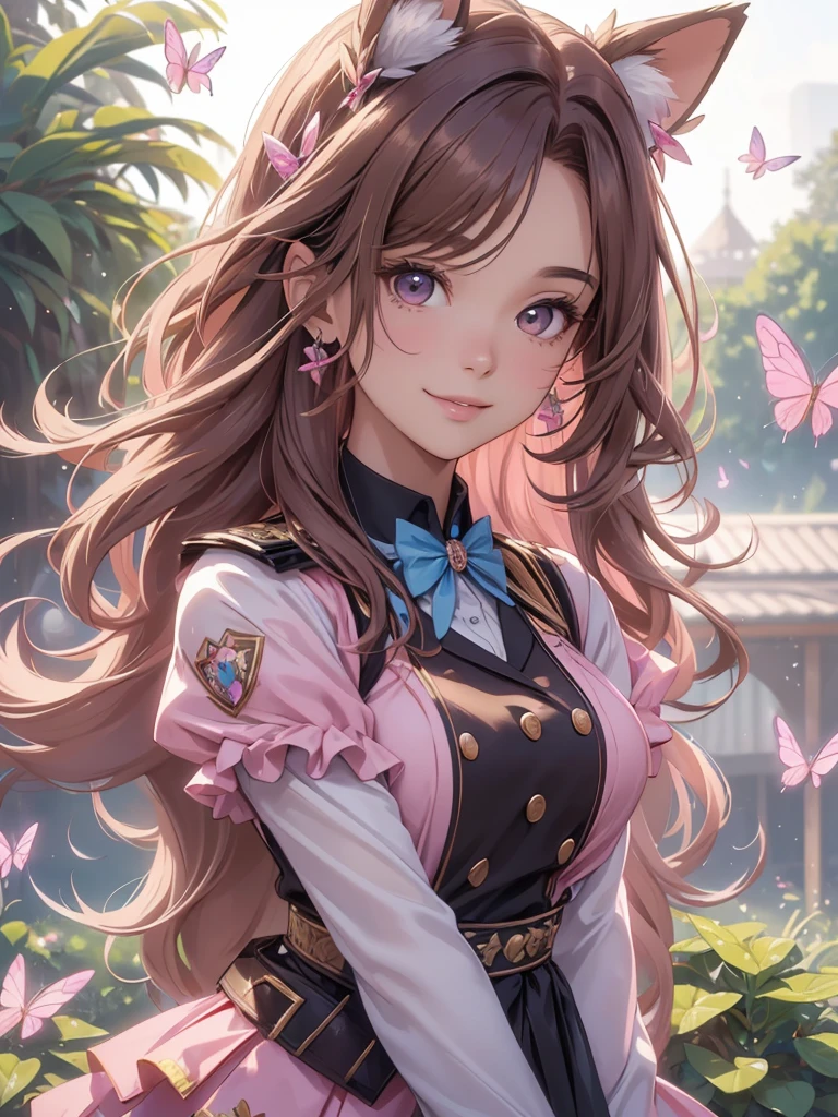 (best quality,4k,8k,highres,masterpiece:1.2),ultra-detailed,(realistic,photorealistic,photo-realistic:1.37),acrylic painting,beautiful Brazilian model in a uniform outfit with downy hair,beautiful Brazilian model with extremely colorful brown hair and detailed facial features,beautiful Brazilian model standing in a beautiful garden sakura flowers, long hair,cat ears, hair bows, uniform pink and blue outfits, smile, happy face,light  brown  hair,butterflies, brown eyes,  mature woman, older woman 