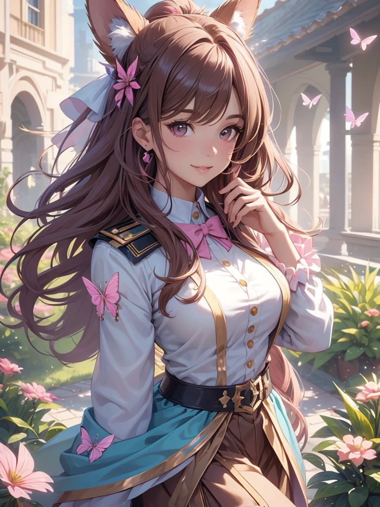 (best quality,4k,8k,highres,masterpiece:1.2),ultra-detailed,(realistic,photorealistic,photo-realistic:1.37),acrylic painting,beautiful Brazilian model in a uniform outfit with downy hair,beautiful Brazilian model with extremely colorful brown hair and detailed facial features,beautiful Brazilian model standing in a beautiful garden sakura flowers, long hair,cat ears, hair bows, uniform blue and pink outfits, smile, happy face,light brown hair,butterflies, brown eyes, mature woman, older woman, 30 year old, adult woman. Older lady, model pose