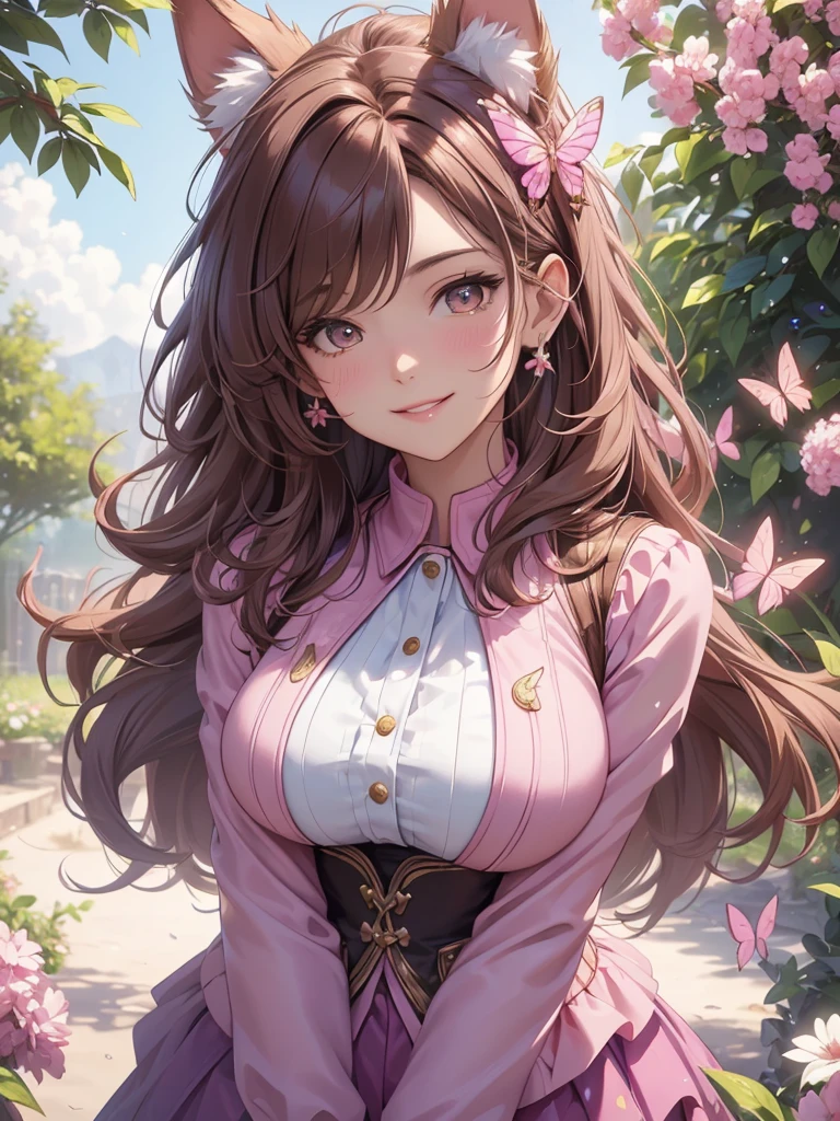 (best quality,4k,8k,highres,masterpiece:1.2),ultra-detailed,(realistic,photorealistic,photo-realistic:1.37),acrylic painting,beautiful Brazilian model in a uniform outfit with downy hair,beautiful Brazilian model with extremely colorful brown hair and detailed facial features,beautiful Brazilian model standing in a beautiful garden sakura flowers, long hair,cat ears, hair bows, uniform pink and blue outfits, smile, happy face,light  brown  hair,butterflies, brown eyes,  mature woman, older woman 