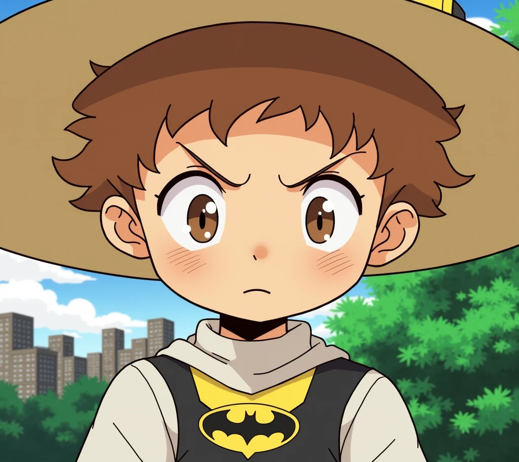 "Katsuma, a young boy with slightly curly, light brown hair, brown eyes, and a small cluster of freckles in the center of his face, wearing the Signal suit from the DC universe. The suit is a sleek, armored design in black and yellow, with a distinctive bat symbol on the chest and a helmet with a yellow visor that partially reveals his determined expression. He has a lean, athletic build, reflecting his youthful agility. The background shows a cityscape at dawn, with light beginning to break over the rooftops, emphasizing his role as a daylight protector in Gotham."