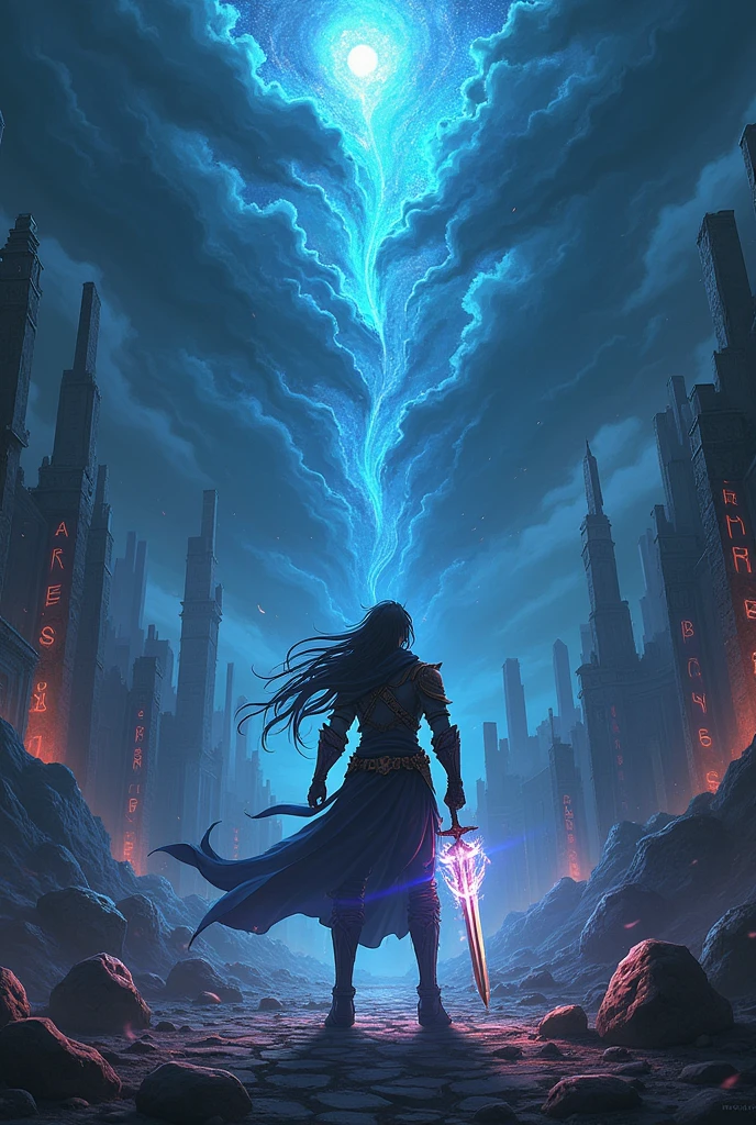 Create an anime-style fantasy-themed poster featuring a single handsome male protagonist adapting to life in an apocalyptic world. The protagonist stands tall and confident, holding a powerful, enchanted sword that glows with a magical aura. His appearance is striking, with sharp features, flowing hair, and a mix of battle-worn armor and mystical attire.
The background is a dark, shattered landscape with ruins of ancient cities, glowing runes, and shadowy figures of monstrous creatures lurking in the distance. Above, the sky is torn between darkness and light, with cracks revealing otherworldly realms.
Text is prominently displayed at the top in a bold, stylish font: "Adapting in the Apocalypse." Below the title, a tagline reads: "In a world where hope is a weapon, he stands as the last line of defense."
**Size:** 1024x1792