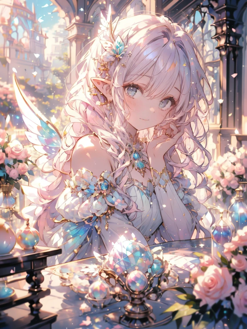 (masterpiece,best quality, Very detailed, beautiful, Beautifully, 16K, Full HD), (Sunlight,Sunlight,Flower petals flying,Garden),((Smile,Happy:1.5)),((Ruffles, Rhinestones and flowers,Sparkling Fluffy Multi-Layered Ball Gown)), Lots of flowers,Floral Decoration,((rose surround)),((Butterfly wings)),(Pink medium-length hair,Hair blowing in the wind, Fluffy hair),(White skin,Lavender-colored eyes, Long eyelashes, big eyes,Pale pink cheeks, Pointed ears),Dazzling light, Warm lighting, (Pastel colors,On the table, Art Station, Fantasy Art:1.2),