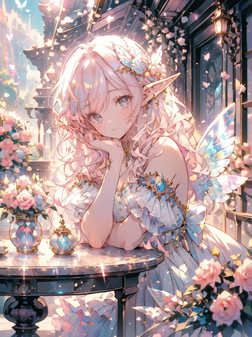 (masterpiece,best quality, Very detailed, beautiful, Beautifully, 16K, Full HD), (Sunlight,Sunlight,Flower petals flying,Garden),((Smile,Happy:1.5)),((Ruffles, Rhinestones and flowers,Sparkling Fluffy Multi-Layered Ball Gown)), Lots of flowers,Floral Decoration,((rose surround)),((Butterfly wings)),(Pink medium-length hair,Hair blowing in the wind, Fluffy hair),(White skin,Lavender-colored eyes, Long eyelashes, big eyes,Pale pink cheeks, Pointed ears),Dazzling light, Warm lighting, (Pastel colors,On the table, Art Station, Fantasy Art:1.2),