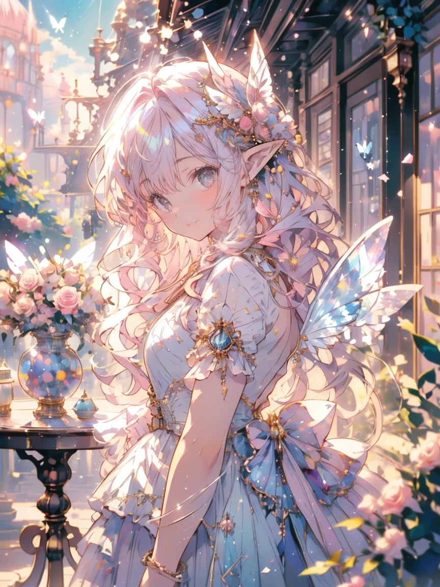 (masterpiece,best quality, Very detailed, beautiful, Beautifully, 16K, Full HD), (Sunlight,Sunlight,Flower petals flying,Garden),((Smile,Happy:1.5)),((Ruffles, Rhinestones and flowers,Sparkling Fluffy Multi-Layered Ball Gown)), Lots of flowers,Floral Decoration,((rose surround)),((Butterfly wings)),(Pink medium-length hair,Hair blowing in the wind, Fluffy hair),(White skin,Lavender-colored eyes, Long eyelashes, big eyes,Pale pink cheeks, Pointed ears),Dazzling light, Warm lighting, (Pastel colors,On the table, Art Station, Fantasy Art:1.2),