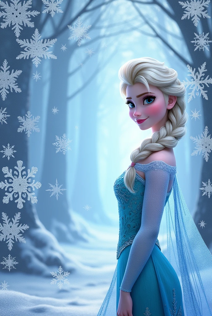 Elsa from Frozen on one side with a snowflake background and Elsa leaving a large space in the middle