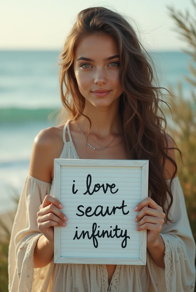 Beautiful girl with wavy long hair, bohemian dress, holding a white board with text "I Love Seaart Infinity" and showing it to the viewer