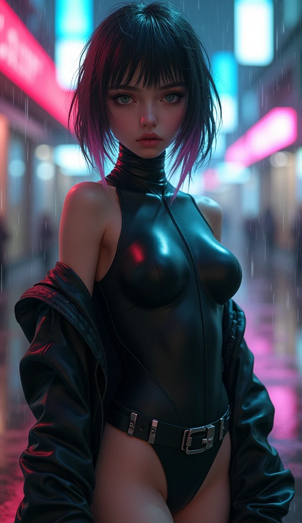 portrait, 1 girl, beautiful face, asymmetrical hair, multi-colored hair, belt, bodysuit, covered mouth, covered navel, detached sleeves, grey eyes, hip vent, open jacket, cute, look at viewer, night city, neon, rainy,