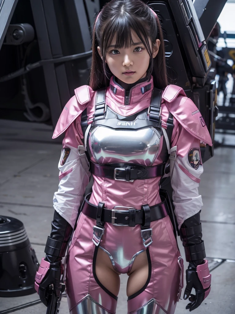 Textured skin, Super detailed, Attention to detail, high quality, 最high quality, High resolution, 1080P, hard disk, beautiful,(Terminator),beautifulサイボーグ女性,Pink Mecha Cyborg Girl,Battle Mode,Girl with a mechanical body,She is wearing a combat cyborg mech with weapons,Full Body Shot bare hands Boyish short hair Berry Short Brown eyes Black Hair Kindergarten girl Steam from the head