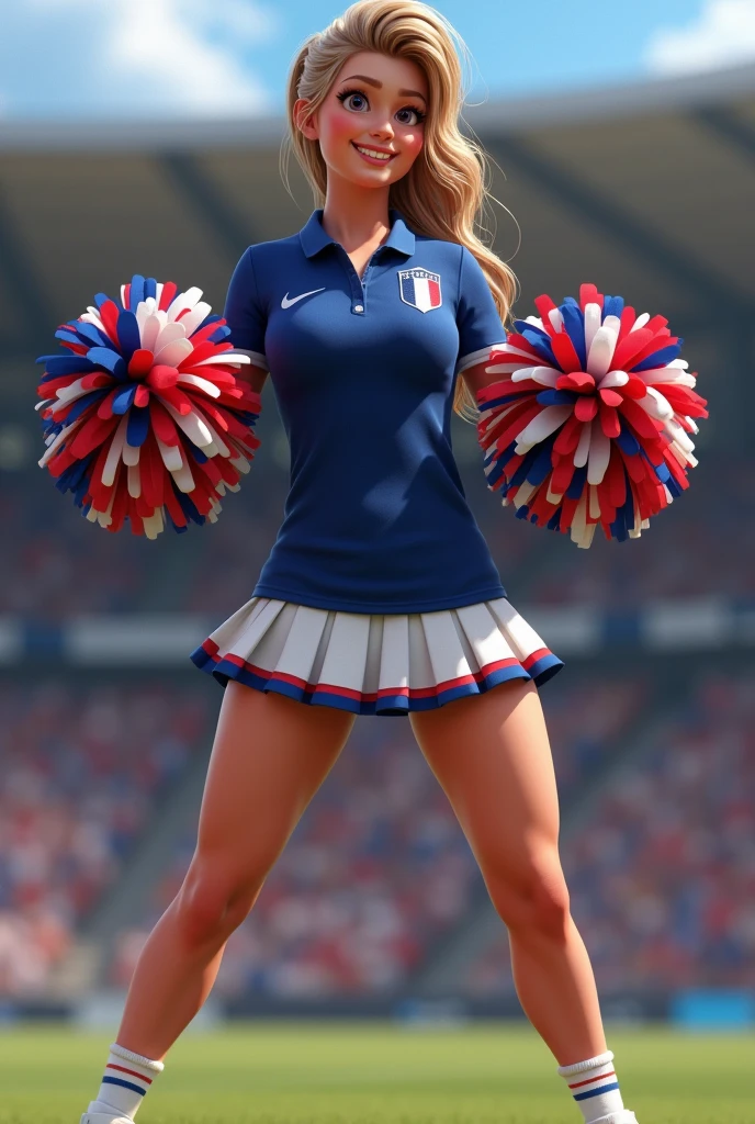 Make a cheerleader girl dressed in the France team that was worn in 2021, You must wear a polo shirt and a white and blue 6-pleat skirt