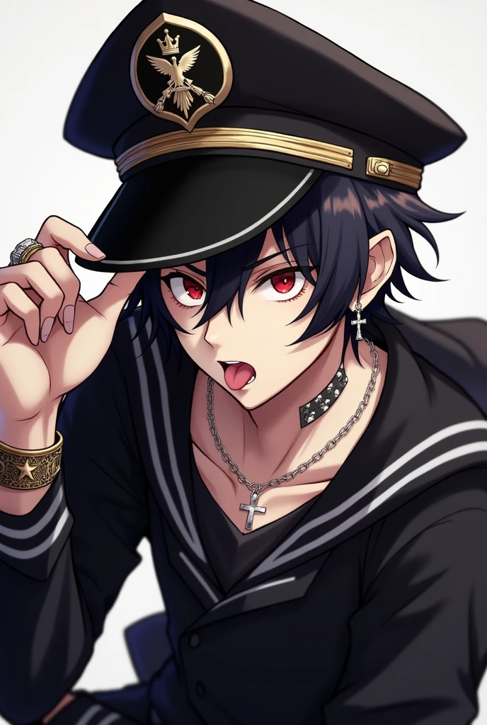 Male character black hair black shirt with long sleeves with a cross shaped chain cross shaped earrings on his ears black sailor hat that has an eagle on the front with and is sticking out his tongue Omega red eyes with spiked bracelets that is holding his hat while he has it on his head 