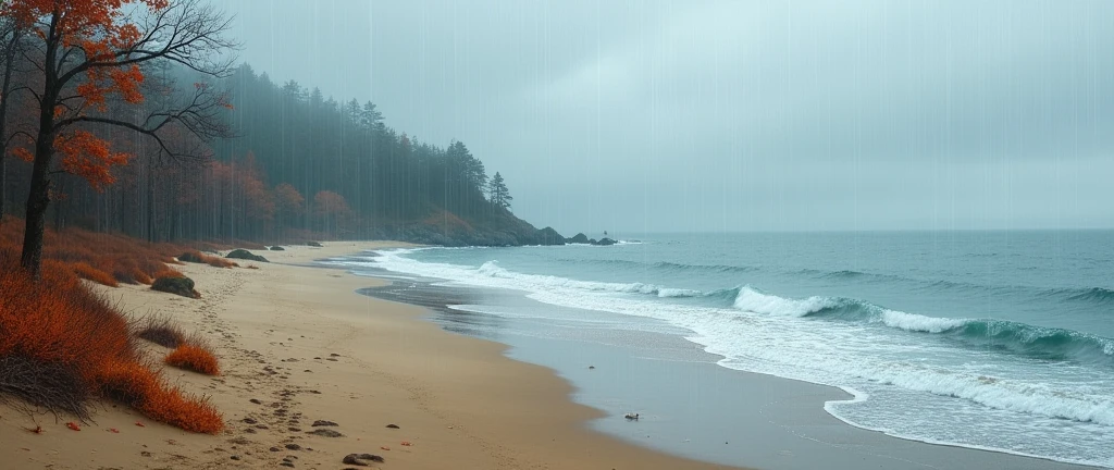 Dark Autumn rain, beach ,Fall Lofi, landscape,water color