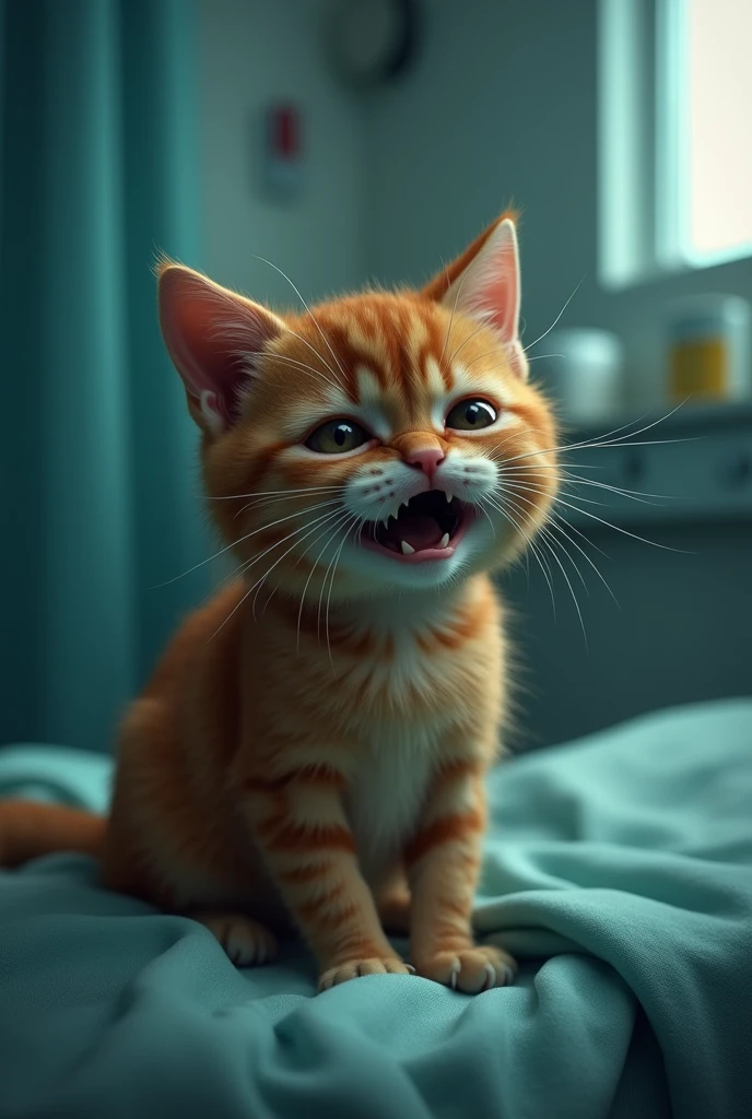 the ginger cat is weeping and. crying in the hospital.