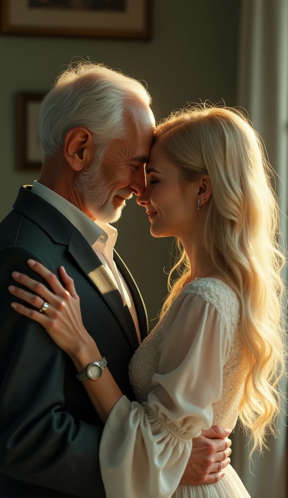 A beautiful android with long blonde hair２０An old man hugs a blonde human woman from behind、Are crying、Beautiful sight、Love story