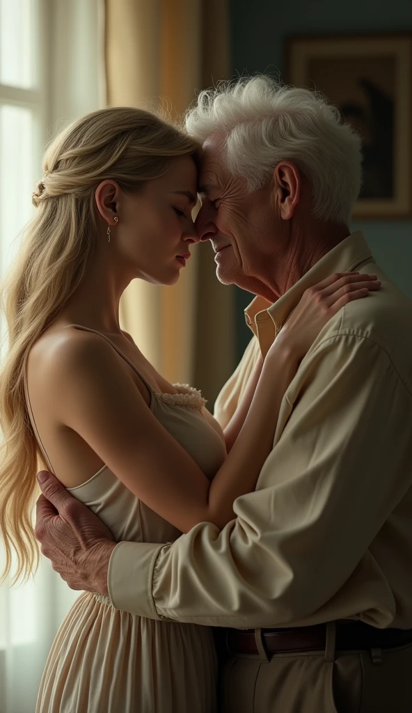 A beautiful android with long blonde hair２０An old man hugs a blonde human woman from behind、Are crying、Beautiful sight、Love story