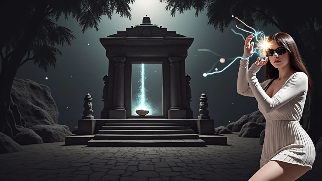 A young futuristic female sorcerer with a glowing floating small crystal stone, releasing mysterial spell and magical power, facing and defeating dark forces and beings. She stands with her right hand raised forward with a blue fire of light, at night, (1girl, solo, alone), photorealistic, large-breast slim:0.6 body, oval:0.5 face, cleavage:1.1, very low angle view of pleated miniskirt, deep-v, (upskirt), glove, (Matrix style black micro sunglasses), dynamic running pose, (half-body thigh level close-up shot), cinematic lighting, ray tracing, motion blur background.