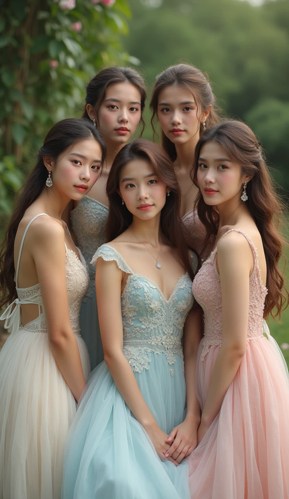 Five beautiful girls, the first one wearing a white lace dress, the second one wearing a black Thai pattern dress, the third one wearing a grey cloud pattern dress, the fourth one wearing a pink swan pattern dress, the fifth one wearing a blue sea pattern dress, standing and posing for a photo, beautifully.