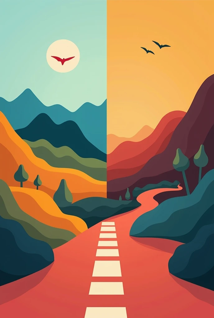 drawing alluding to the Orinoquía region where it is divided by a vertical line representing on one side the drawing with the pop art technique and on the other side of the line the cubism technique , The drawing should be flat and as simple as possible.