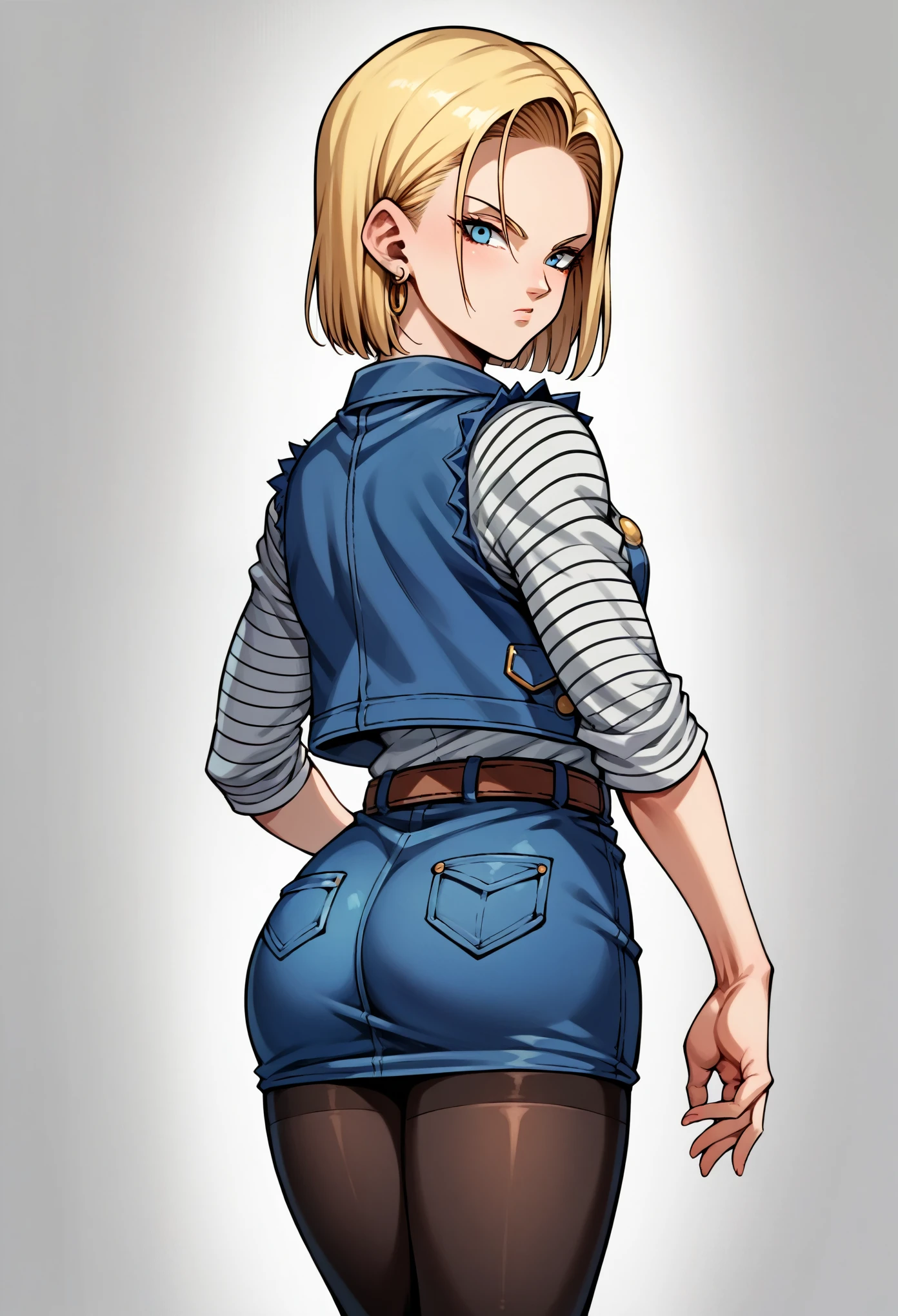 score_9, score_8_up, score_7_up, BREAK, score_9, Android18SDXL, short hair, blue eyes, skirt, blonde hair, jewelry, jacket, pantyhose, earrings, belt, vest, denim, denim skirt, android 18, 1girl, solo, looking at viewer, cowboy shot, ass, from behind, tournament