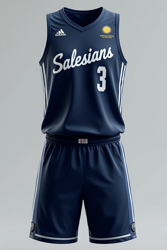 I want you to create an image of a dark blue basketball uniform in the style of Argentina but with Salesians on the chest.