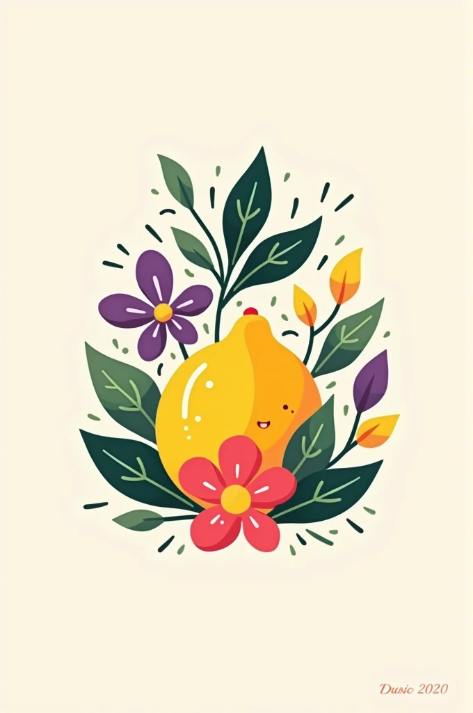 A fruit and flower logo containing the colors yellow, purple and green and say Fruity Spring 