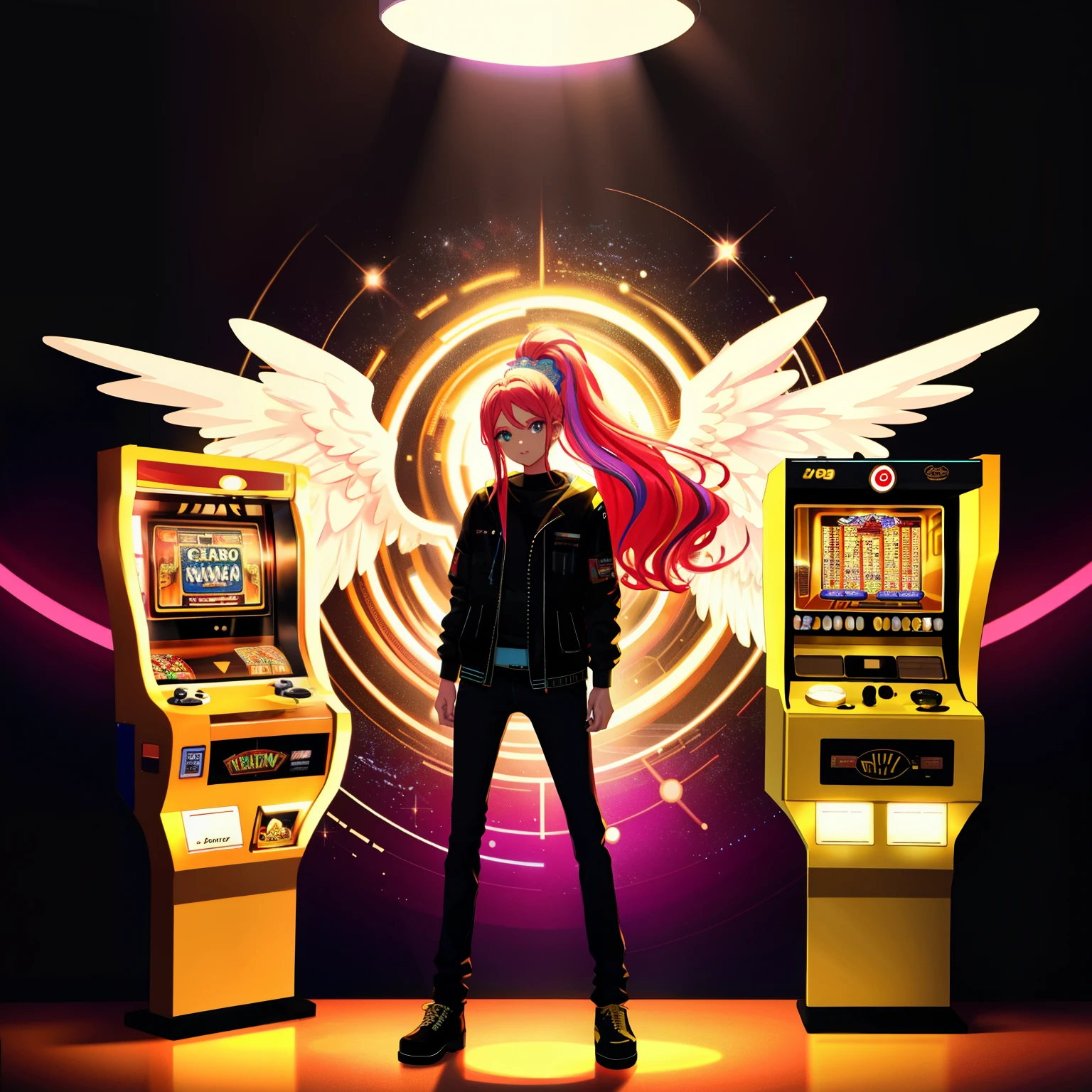 (((**Theme**: A figure blessing gambling luck and prosperity )))1:1.5
**Sub-theme**: Incredibly detailed and beautiful, with clear boundaries, very detailed and beautiful
**Additional Requests**: Various colored machines, arcade machines, vending machines, bread in slot, jukebox, 8K!!, right key light, beautiful colors, backlit, shot with a 2010s camera, shot at night, name is Trip Machine, Trip Machine, combine, arcade game, Arasaka
**Background**: Night arcade with various colored machines lined up. Backlit and illuminated by right key light.
**Costume Details**: Colorful arcade-style costume
**Body Type**: Ideal body type, accurate anatomy
**Hair Style and Color**: Vivid colored hair
**Possessions**: Bread in slot
**Light and Shadow**: Right key light, backlit
**Character and Background Perspective**: Accurate perspective
**Quality**: Masterpiece, ultra-detailed, very delicate and beautiful, detailed beautiful face and eyes, perfect hands, natural pose, smooth skin, accurate anatomy, ideal body proportions, realistic fingers, golden ratio 1.5
**Resolution**: Ultra-high resolution, high saturation:1.5, HD, 4K, 8K, 16K, color depth 24-bit, 48-bit
**Special**: Cute illustration:1.6, abstract, hyper-realistic, ultra-detailed illustration
**Number of Characters**: One extremely beautiful woman
**Power Words**: Artistic and ultimate, strongest and perfect, extraordinary, groundbreaking, astonishing, overwhelming, original, pioneering, innovative
**Recommended Models and LoRA**: **Movement Details**: Natural movement
**Emotion and Expression**: Happy and satisfied expression
**Viewpoint**: Front view
**Composition**: Character in the center, arcade machines in the background
**Angel Number 94**:
- **9**: Symbolizes compassion, philanthropy, inner wisdom, humanity, and growth.
- **4**: Represents practical act