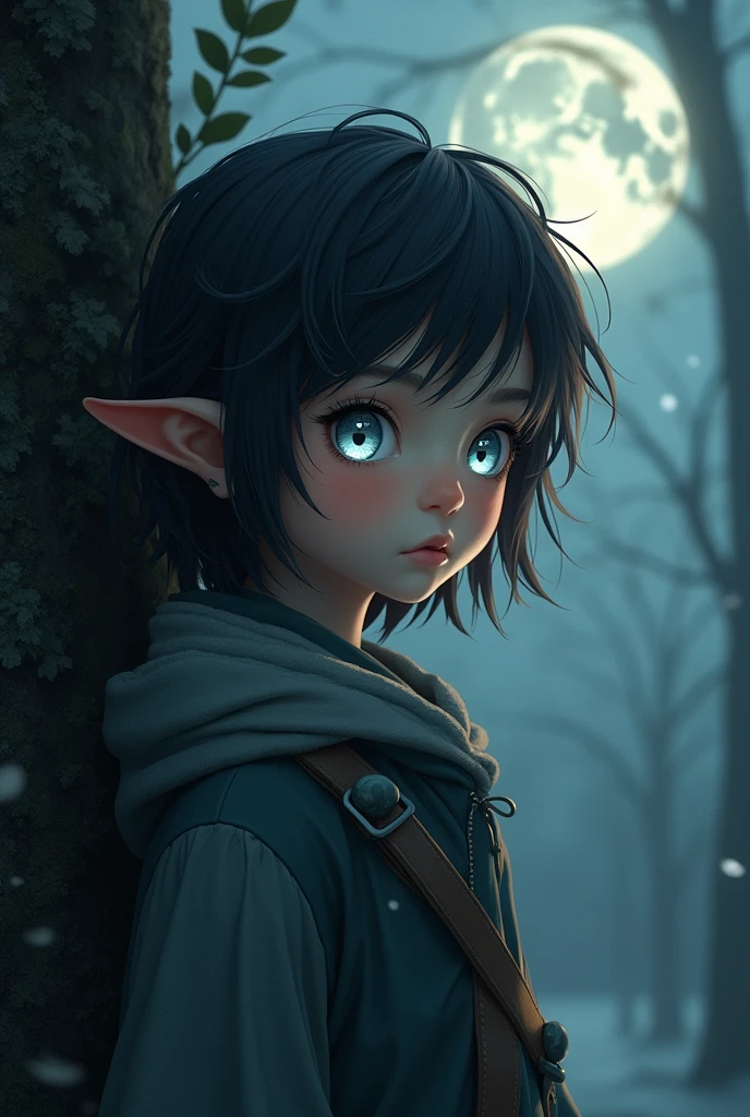 A child with hair as black as the night and eyes as gray as the moon, with his hunter father and bard mother Semi realistic style almost anime 