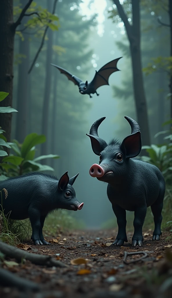 This is a digital image of bats and snakes in the forest.   The bat on the left side of the image walks toward the camera with its head facing the viewer.  And its eyes are focused on something from a distance.   The pig is standing to the right, facing the camera.   It is black with large curved horns and a pink nose.   The background is full of tall trees and thick leaves, and the ground is covered with dry grass and twigs.   The whole feeling of the image is dark and scary, with a sense of danger and danger.