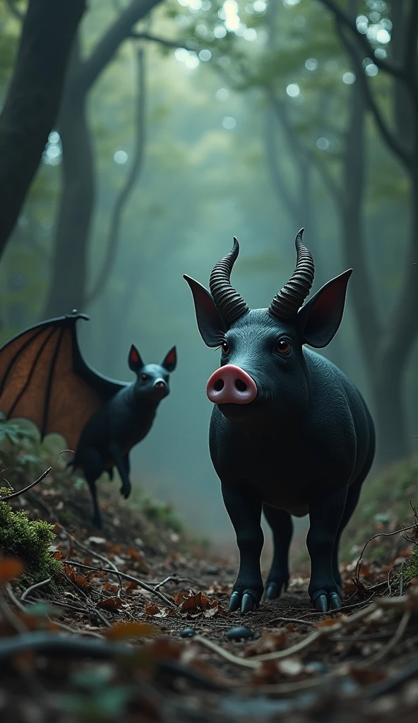 This is a digital image of bats and snakes in the forest.   The bat on the left side of the image walks toward the camera with its head facing the viewer.  And its eyes are focused on something from a distance.   The pig is standing to the right, facing the camera.   It is black with large curved horns and a pink nose.   The background is full of tall trees and thick leaves, and the ground is covered with dry grass and twigs.   The whole feeling of the image is dark and scary, with a sense of danger and danger.