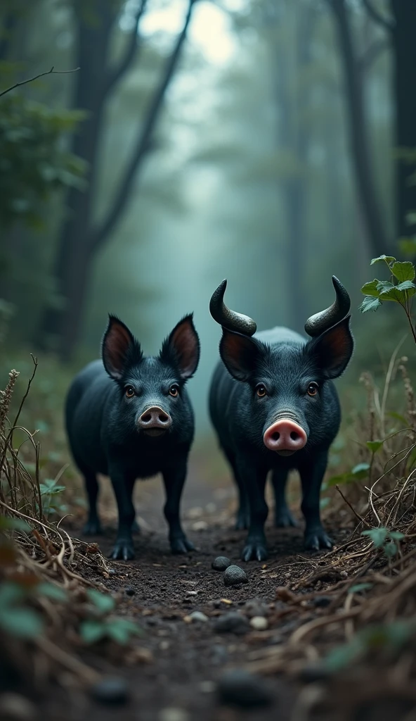 This is a digital image of bats and snakes in the forest. The bat on the left side of the image walks toward the camera with its head facing the viewer. And its eyes are focused on something from a distance. The pig is standing to the right, facing the camera. It is black with large curved horns and a pink nose. The background is full of tall trees and thick leaves, and the ground is covered with dry grass and twigs. The whole feeling of the image is dark and scary, with a sense of danger and danger.