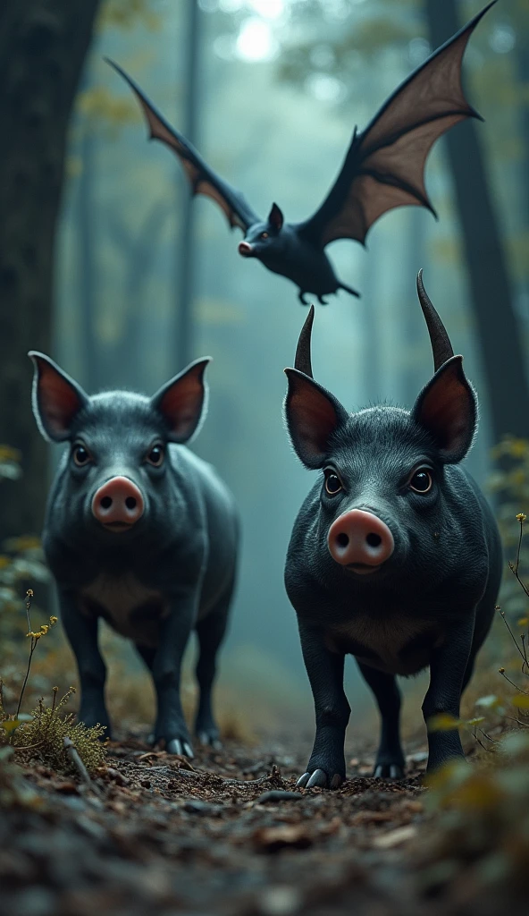 This is a digital image of bats and snakes in the forest. The bat on the left side of the image walks toward the camera with its head facing the viewer. And its eyes are focused on something from a distance. The pig is standing to the right, facing the camera. It is black with large curved horns and a pink nose. The background is full of tall trees and thick leaves, and the ground is covered with dry grass and twigs. The whole feeling of the image is dark and scary, with a sense of danger and danger.