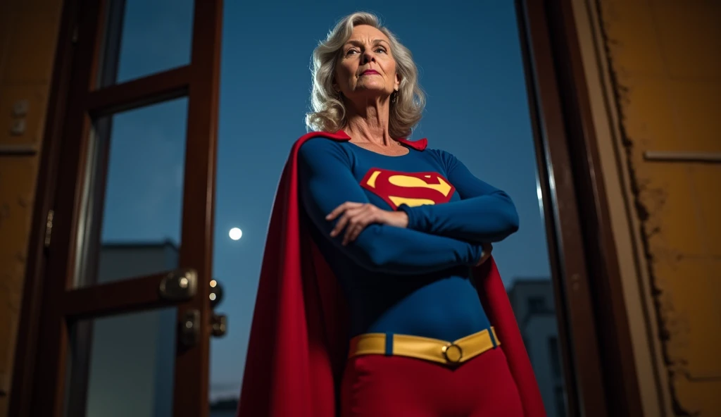 (((very beautiful old Supergirl (((1984s Supergirl movie costume))) Julie Hagerty))) Super old woman Julie Hagerty; confident, powerful, indestructible, attractive; big and firm chest; strong breasts; arms crossed. , floating, at night, outside a window; straight body; view from inside to outside