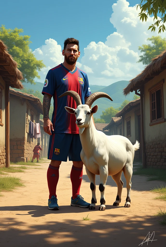Messi  and goat in village 
