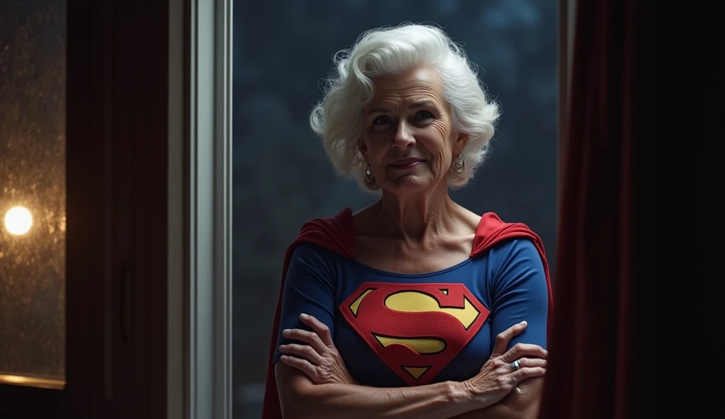 (((very beautiful old Supergirl (((1984s Supergirl movie costume))) Julie Hagerty))) Super old woman Julie Hagerty; confident, powerful, indestructible, attractive; big and firm chest; strong breasts; arms crossed. , floating, at night, outside a window; straight body; view from inside to outside