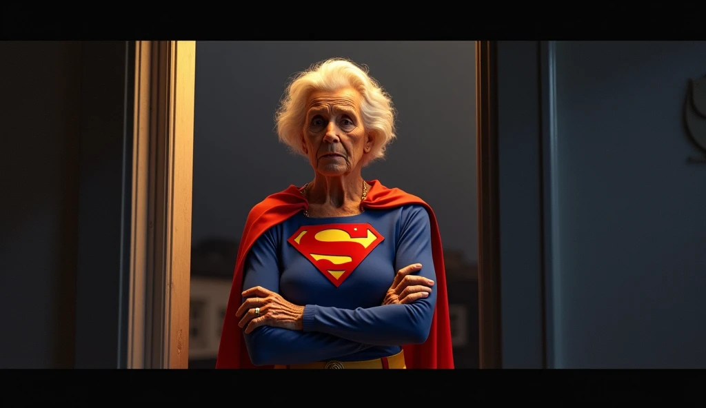 (((very beautiful old Supergirl (((1984s Supergirl movie costume))) Julie Hagerty))) Super old woman Julie Hagerty; confident, powerful, indestructible, attractive; big and firm chest; strong breasts; arms crossed. , floating, at night, outside a window; straight body; view from inside to outside
