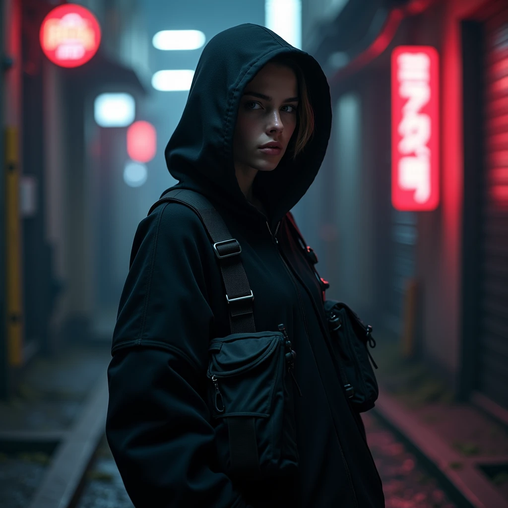 A photo shoot of a guy wearing a futuristic black hoodie with high neck cover attached on hoodie and without zipper in front, gargo military pockets and straps, unconventional unique urban black hoodie with futuristic military look and without front zipper. The photo shoot takes place on a cyberpunk alley with dark atmosphere and futuristic neon signs. Photography, Photorealistic, realism, extreme detail, high quality graphics, ultra realistic, hyperrealism, high resolution, extreme quality, masterpiece, 4k hdr
