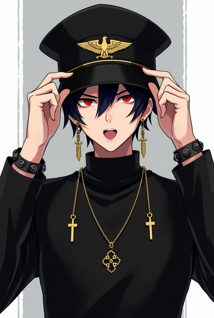 Male character black hair black shirt with long sleeves with a cross shaped chain cross shaped earrings on his ears black sailor hat that has an eagle on the front with and is sticking out his tongue Omega red eyes with spiked bracelets that is holding his hat while he has it on his head 