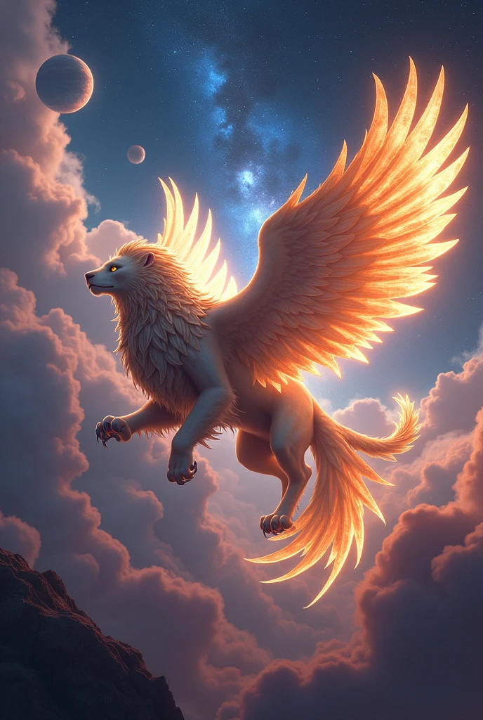 Side view, A majestic griffin flying through a cosmic space fantasy scene. The griffin, with the body of a lion and the eagle head and wings of an eagle, has glowing feathers that reflect the light of distant stars. Surrounding it is a backdrop of vibrant nebulas and planets, with ethereal patterns on its wings. The scene combines elements of both fantasy and sci-fi, showcasing the griffin's powerful and mystical presence as it soars through the universe.