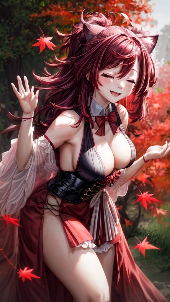 red maple tree.Falling red maple leaves,a cute and charming girl,Pink long hair shawl,cat ear,Close eyes，Smile,Large Breasts,Wearing a red corset dress，bend over,Put your hands behind your back,，Image fill, Cinematic lighting effects, 