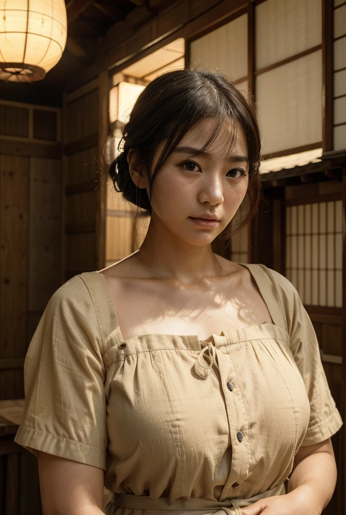1girl, beautiful detailed female japanese woman, korean face, japanese face, young, japan, short, thicc, large chest, large butt, natural, natural lashes, no makeup, glistening sweat, light skin, traditional japanese clothing, arafed woman in traditional dress, japanese farmer, japan harvest, japan rural travel, japanese woman, traditional japanese, edo style, rural japan, korean woman, traditional clothes, paddy field, impoverished, disheveled, farmer, farming, messy thick luscious hair, tied hair, short hair, detailed face, penetrating eyes, beautiful detailed lips, extremely detailed skin, detailed clothing, (best quality,4k,8k,highres,masterpiece:1.2),ultra-detailed,(realistic,photorealistic,photo-realistic:1.37), natural lighting, warm color tones, cinematic composition