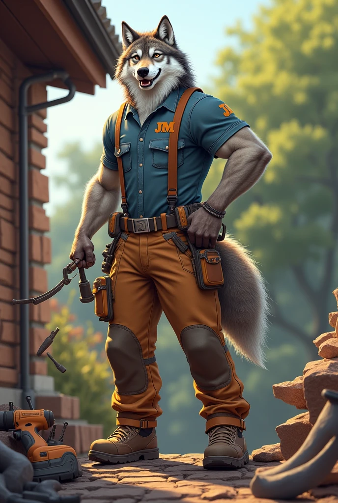 Strong and friendly wolf in work clothes ,On a ladder installing gutters , with their tools, installing a screw with the drill in the gutter ,JM logo on the shirt