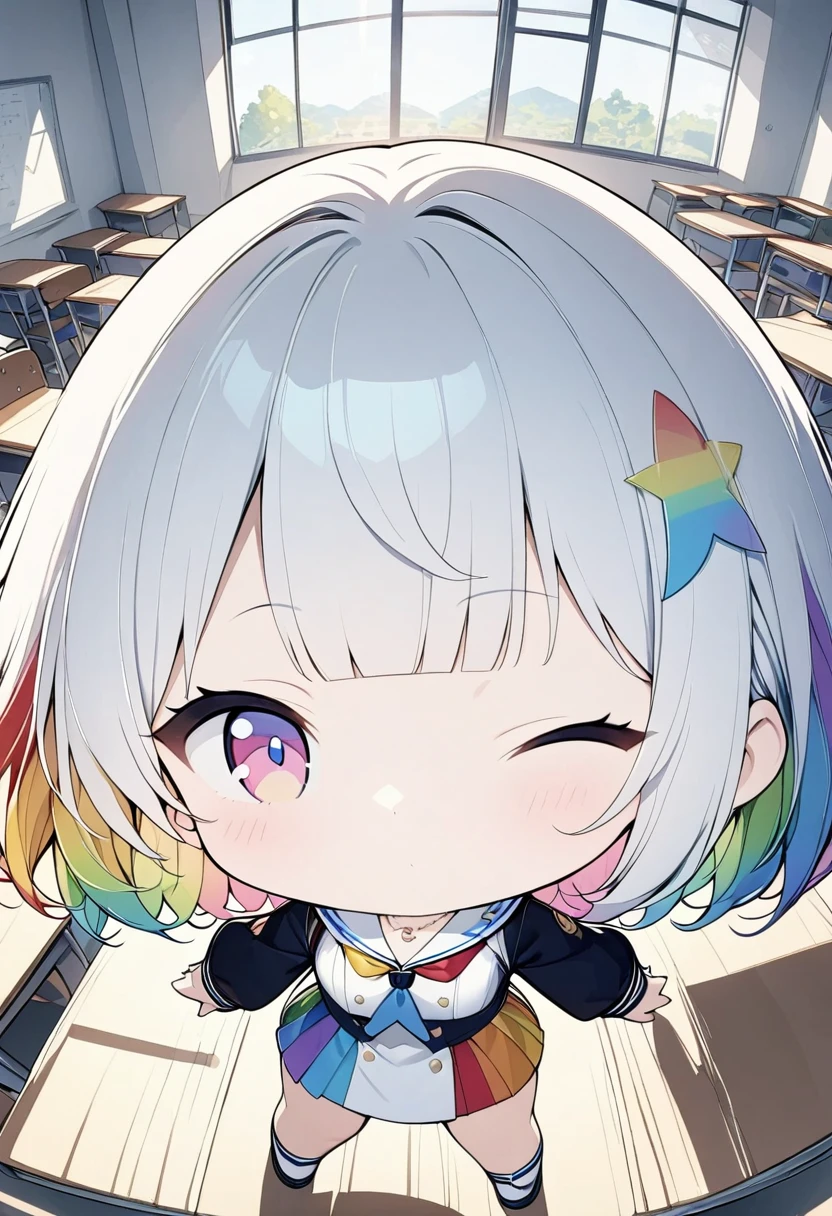 (((anime))) A woman winking peace sign,chibi,Short Hair,Messy short bob,(Rainbow Hair),Oblique bangs,One eye is hidden,Blushing,necklace,Rainbow Eyes,Big eyes Sailor suit,Volume sleeve,classroom,sunlight,masterpiece,Highest quality,Exquisite,8k,Absurd,Ultra-fine illustrations,(View your audience)