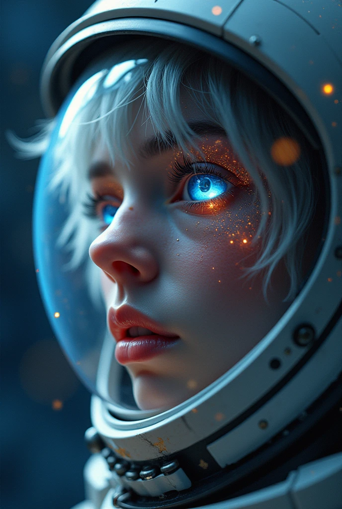 (Close-up of a better masterpiece:1.5)0.9], (Space and astronauts:1.2) (Messy silver hair:1.1) (Heterochromia xanthochromia and blue eyes:1.2) (Space Helmet:1.0) (Colored stars in the eyes:1.0) (A radiant glow:1.1) (thick lips:0.9)