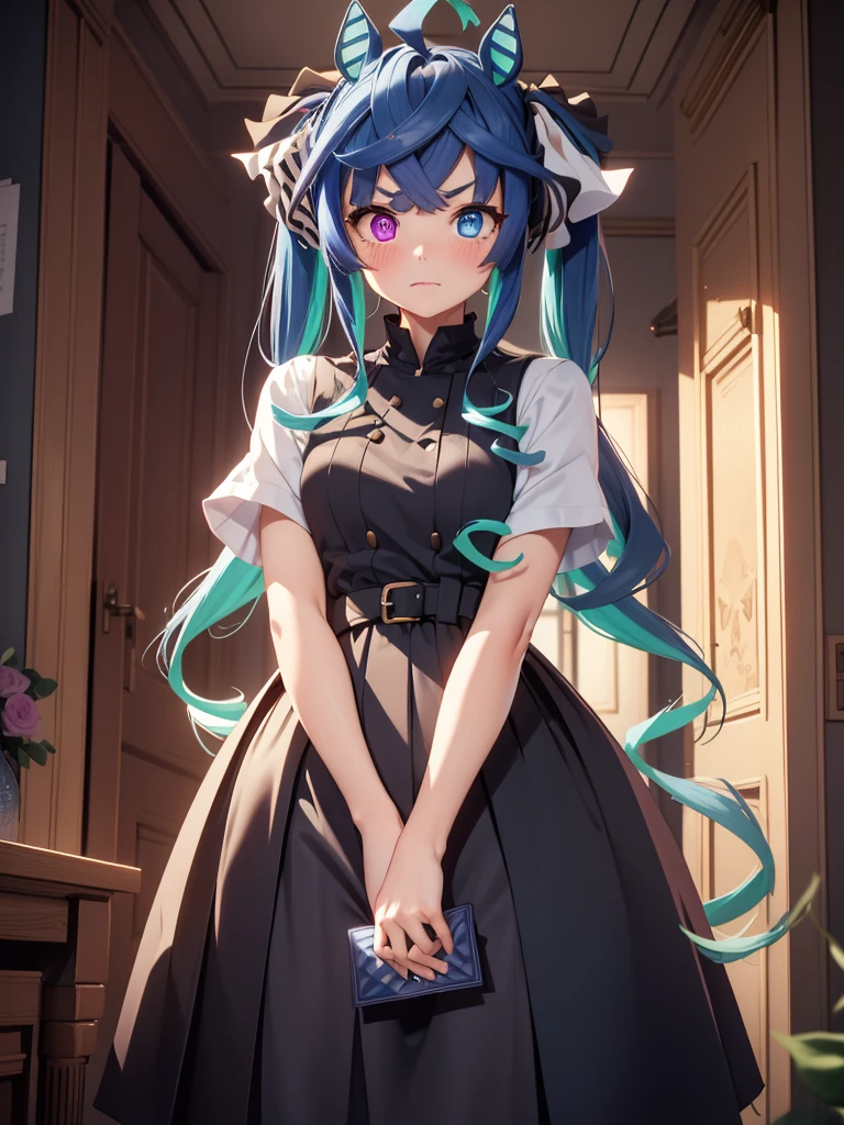 (​masterpiece、top-quality、hight resolution、Unity 8k、extremely details CG:1,Best Picture), ((pov)), Twin_Turbo_Umamusume, aqua hair, twintails, heterochromia, purple eyes, blue eyes, sharp teeth,  horse's ear, "A shy and blushing woman, slightly averting her gaze, nervously holding out a small box about the size of a deck of cards towards the viewer. Her cheeks are flushed, and her expression is a mix of embarrassment and anticipation. She is dressed in simple, modest clothing, standing in a softly lit room that emphasizes the intimate and personal nature of the moment.", ((card case))