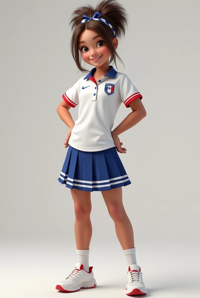 Make a cheerleader girl dressed in the France team that was worn in 2021, You must wear a polo shirt, it must be white, and the pleated skirt must have 6 white and blue stripes. 
