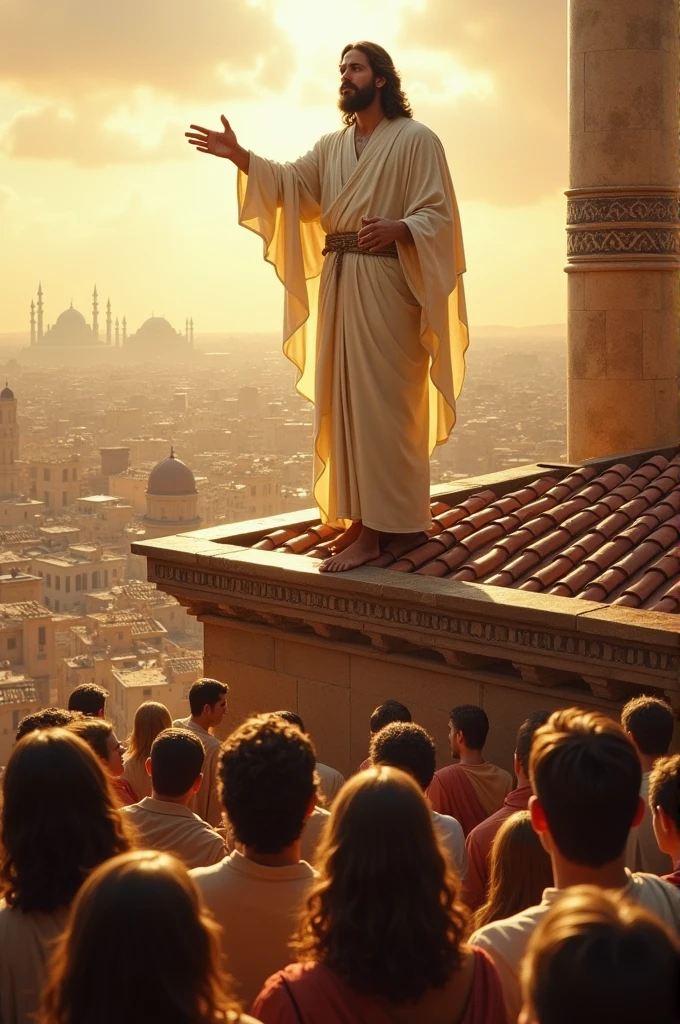 Jesus spreading the gospel, on a rooftop