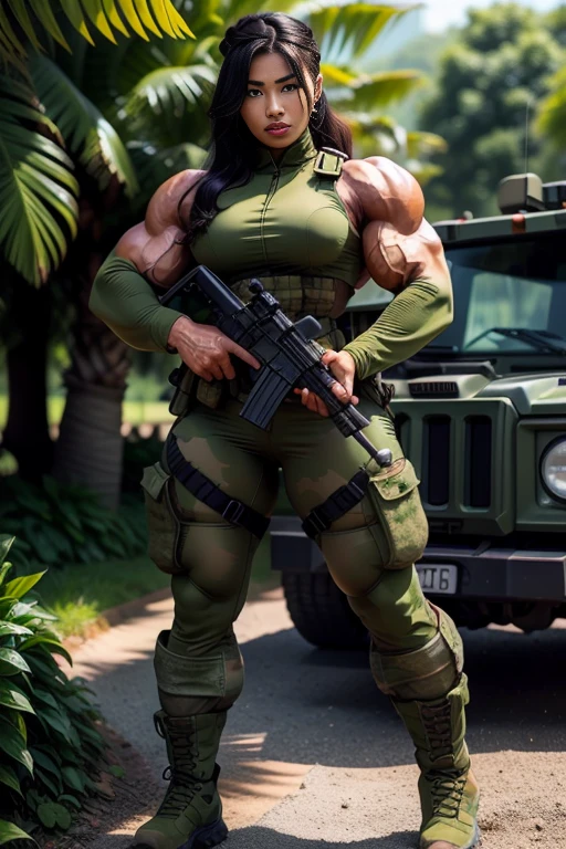 Photorealistic, high resolution, 1 malay woman wearing a green beret, Solo, Hips up, Battlefield background，view the viewer, (Detailed face), braided hair, wearing a green beret and a special team logo, SWAT vests, airborne logo on the chest, sniper rifle handle, camouflage combat suit, Camoflage military uniform, SWAT Boots, bulletproof vest, Holding an assault rifle, M16, Inside the jungle of Royal Belum, Very detailed, Perfect face, Black eye, jewelry, (full body view), Lifelike, masterpiece, HDR, 4K